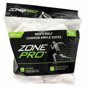 Zone Pro Men’s Half Cushion Ankle Socks White 10 Pair Size 6-12 Athletic NEW